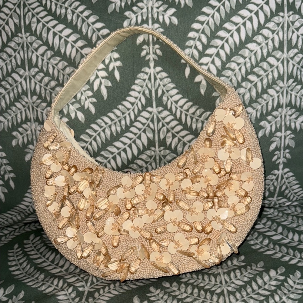 Elegant Cream Floral Embellished Women's Bag